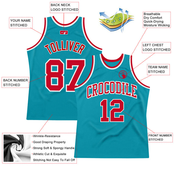 Custom Teal Red-White Authentic Throwback Basketball Jersey