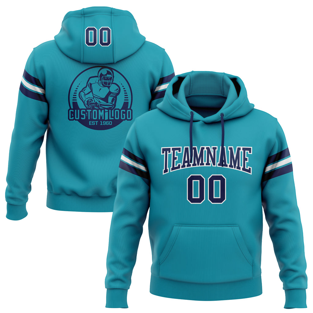 Custom Stitched Teal Navy-White Football Pullover Sweatshirt Hoodie