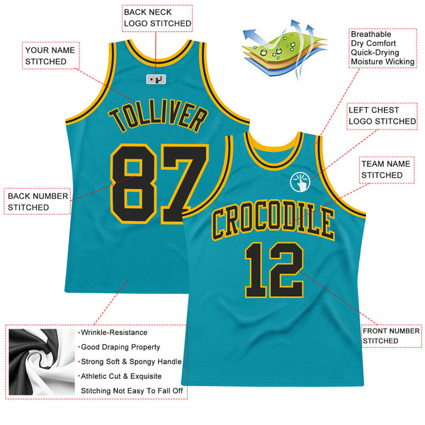 Custom Teal Black-Gold Authentic Throwback Basketball Jersey