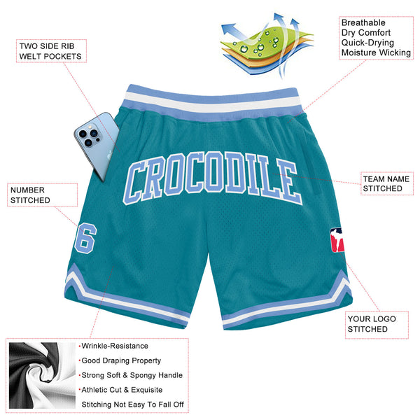 Custom Teal Light Blue-White Authentic Throwback Basketball Shorts