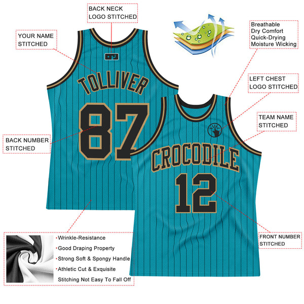 Custom Teal Black Pinstripe Black-Old Gold Authentic Basketball Jersey