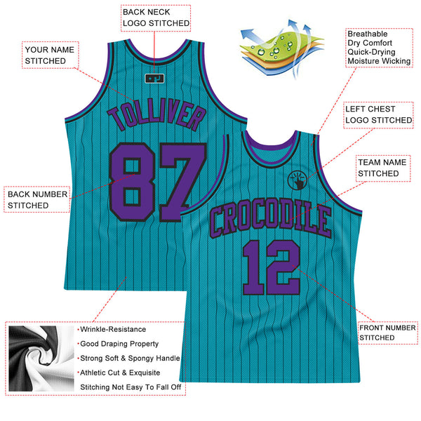 Custom Teal Black Pinstripe Purple Authentic Basketball Jersey