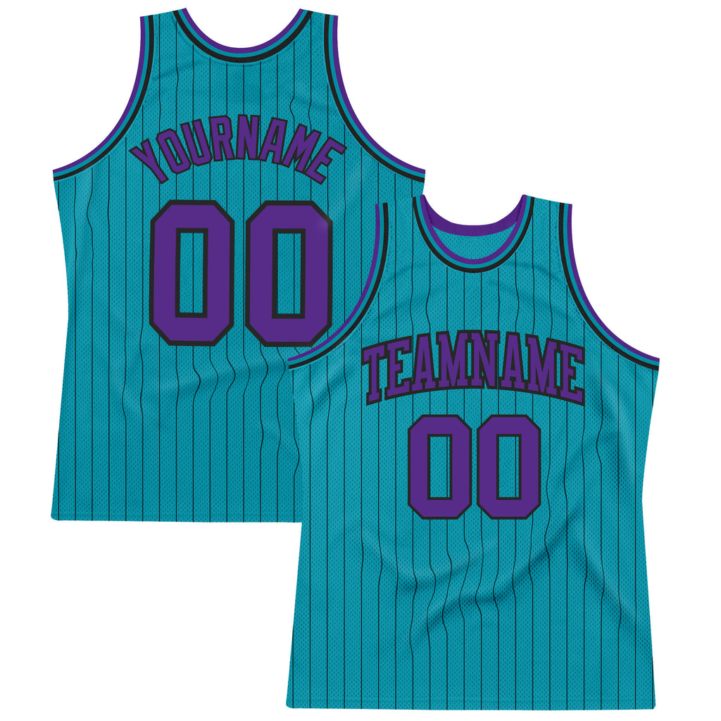 Custom Teal Black Pinstripe Purple Authentic Basketball Jersey