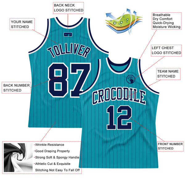 Custom Teal Navy Pinstripe Navy-White Authentic Basketball Jersey