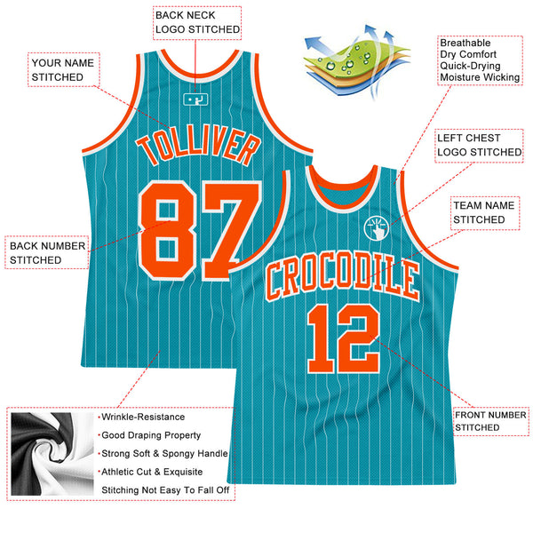 Custom Teal White Pinstripe Orange Authentic Basketball Jersey