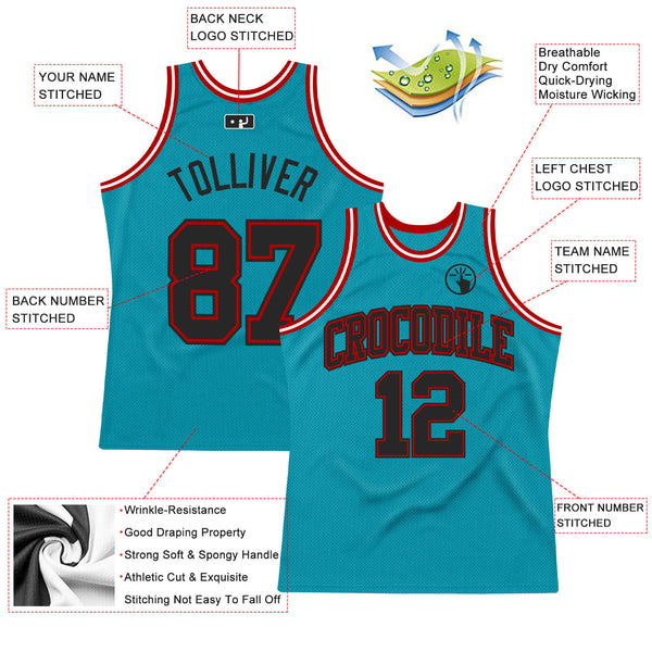 Custom Teal Black-Red Authentic Throwback Basketball Jersey