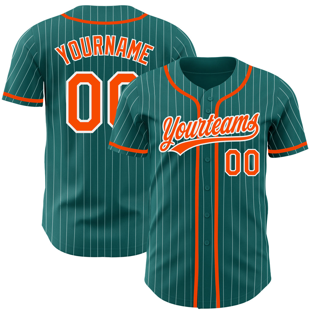 Custom Teal White Pinstripe Orange Authentic Baseball Jersey