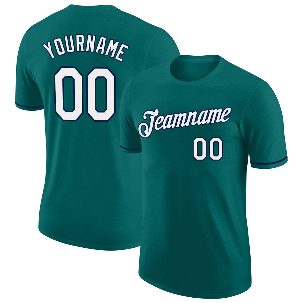 Custom Teal White-Navy Performance T-Shirt