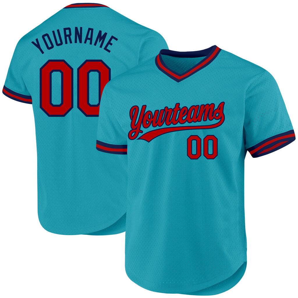 Custom Teal Red-Navy Authentic Throwback Baseball Jersey