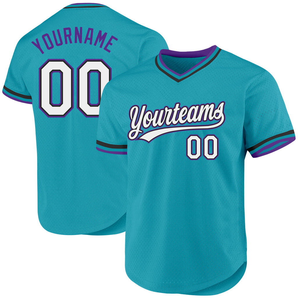 Custom Teal Black-Purple Authentic Throwback Baseball Jersey