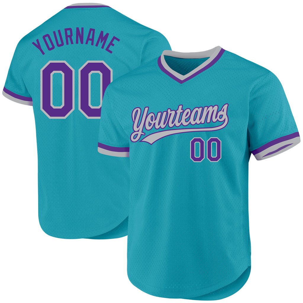 Custom Teal Purple-Gray Authentic Throwback Baseball Jersey