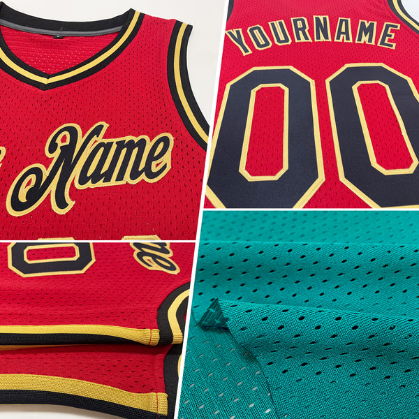 Custom Teal Black-Red Authentic Throwback Basketball Jersey