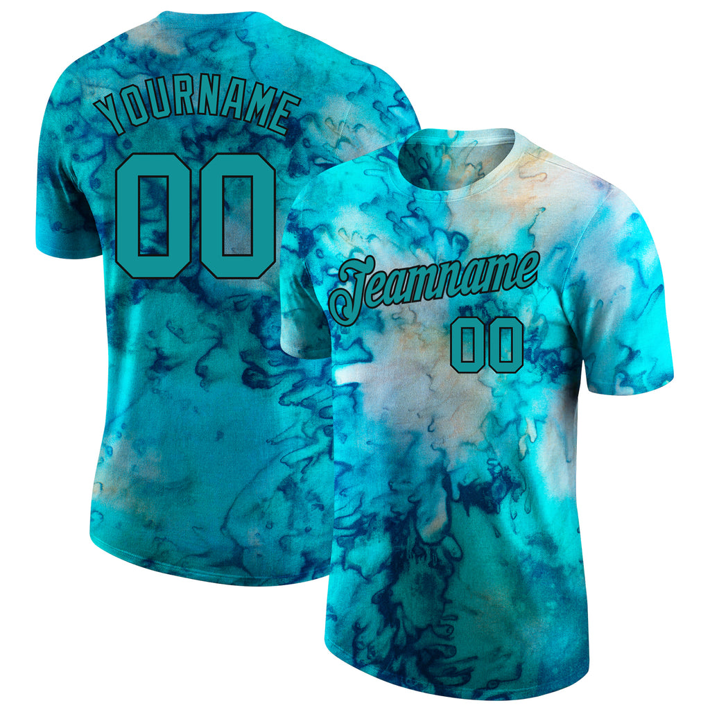 Custom Tie Dye Aqua-Black 3D Performance T-Shirt