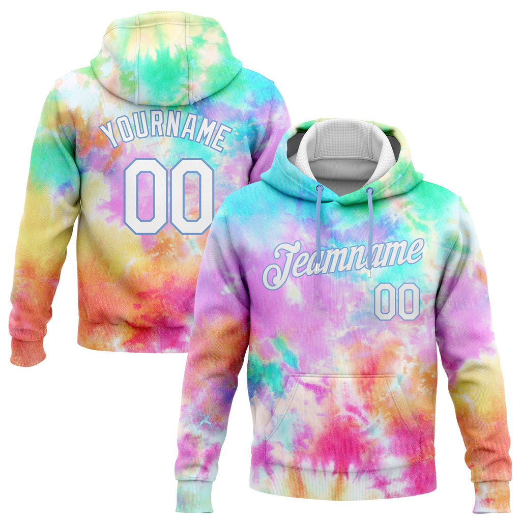 Custom Stitched Tie Dye White-Light Blue 3D Rainbow Sports Pullover Sweatshirt Hoodie