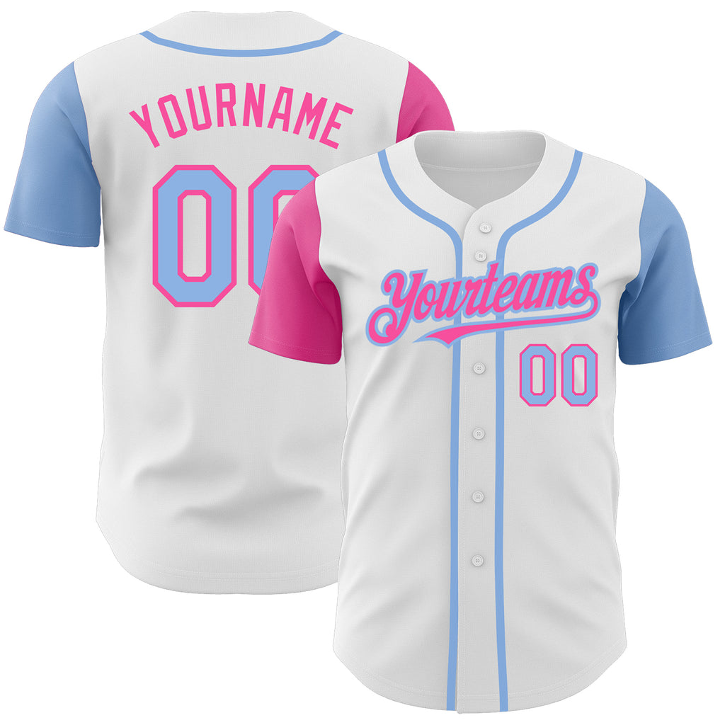 Custom White Light Blue-Pink Authentic Two Tone Baseball Jersey