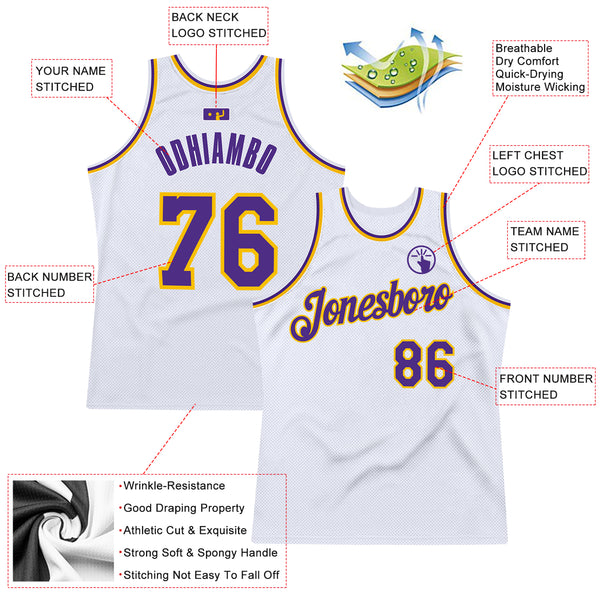 Custom White Purple-Gold Authentic Throwback Basketball Jersey