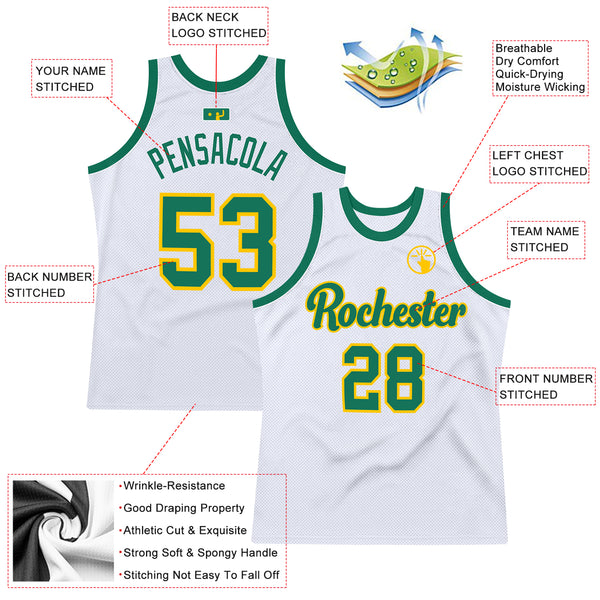 Custom White Kelly Green-Gold Authentic Throwback Basketball Jersey