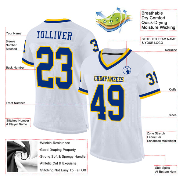 Custom White Royal-Gold Mesh Authentic Throwback Football Jersey