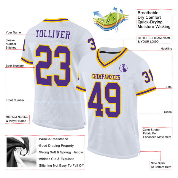 Custom White Purple-Gold Mesh Authentic Throwback Football Jersey