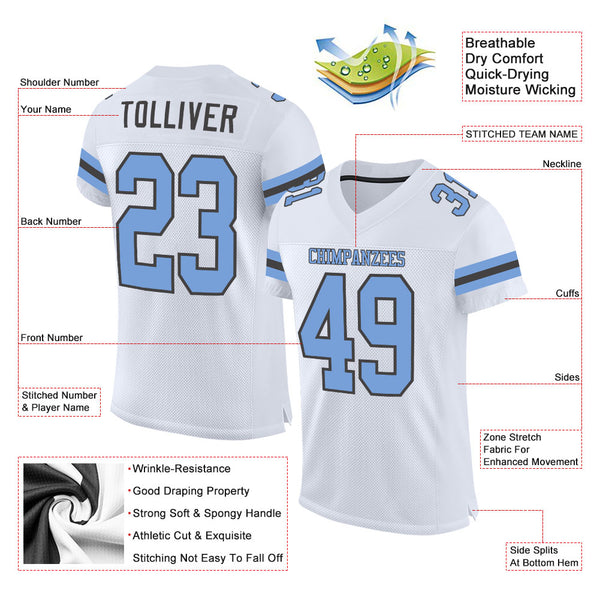 Custom White Light Blue-Steel Gray Mesh Authentic Football Jersey