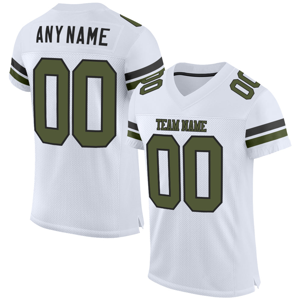 Custom White Olive-Black Mesh Authentic Football Jersey