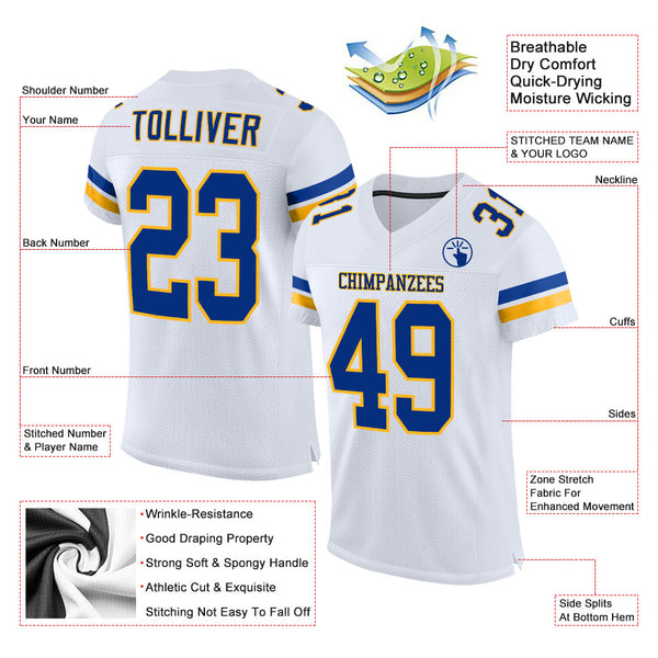 Custom White Royal-Gold Mesh Authentic Football Jersey