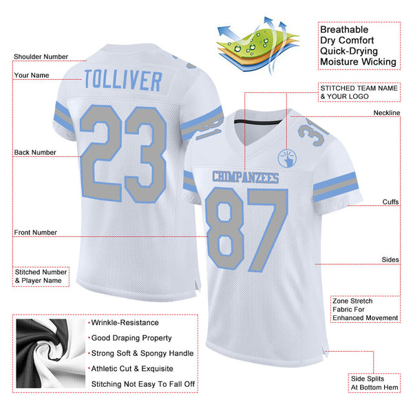 Custom White Gray-Light Blue Mesh Authentic Football Jersey