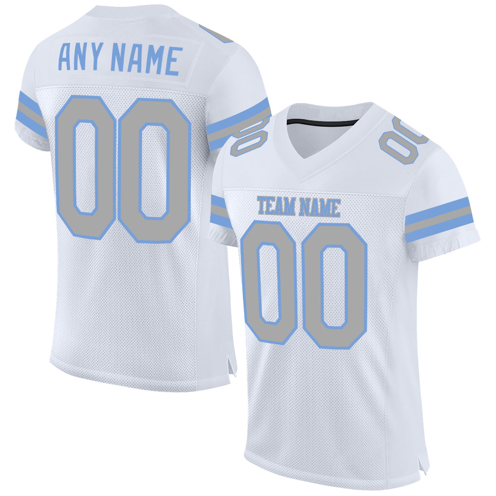 Custom White Gray-Light Blue Mesh Authentic Football Jersey