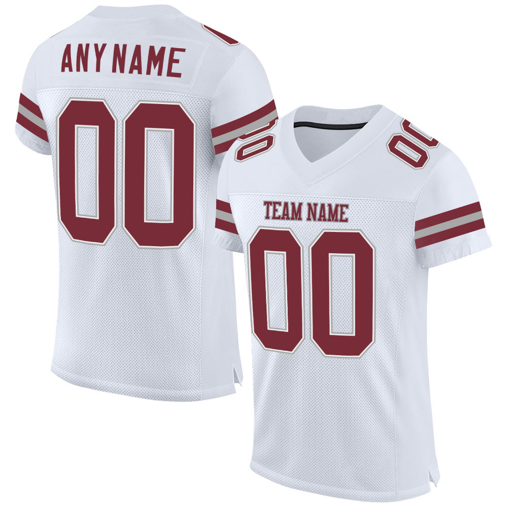 Custom White Burgundy-Gray Mesh Authentic Football Jersey