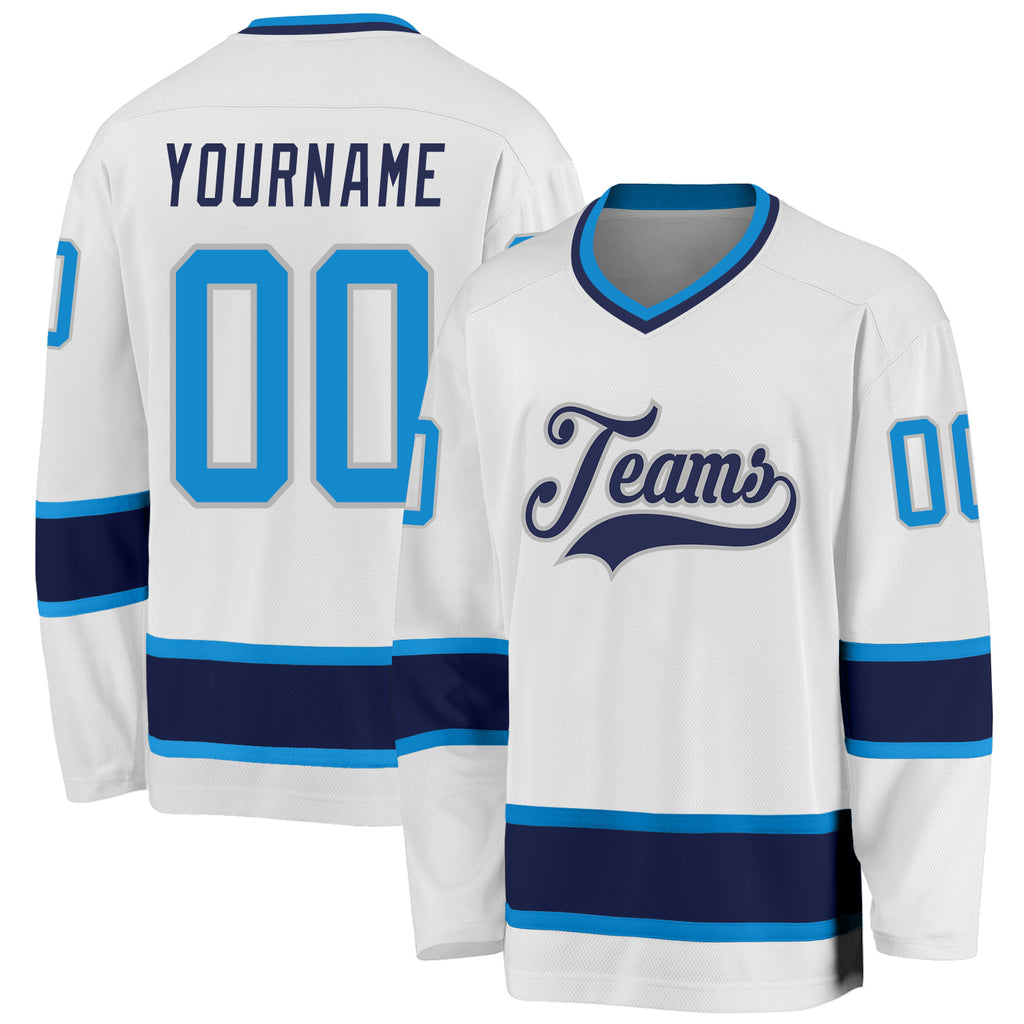 Custom White Blue-Navy Hockey Jersey