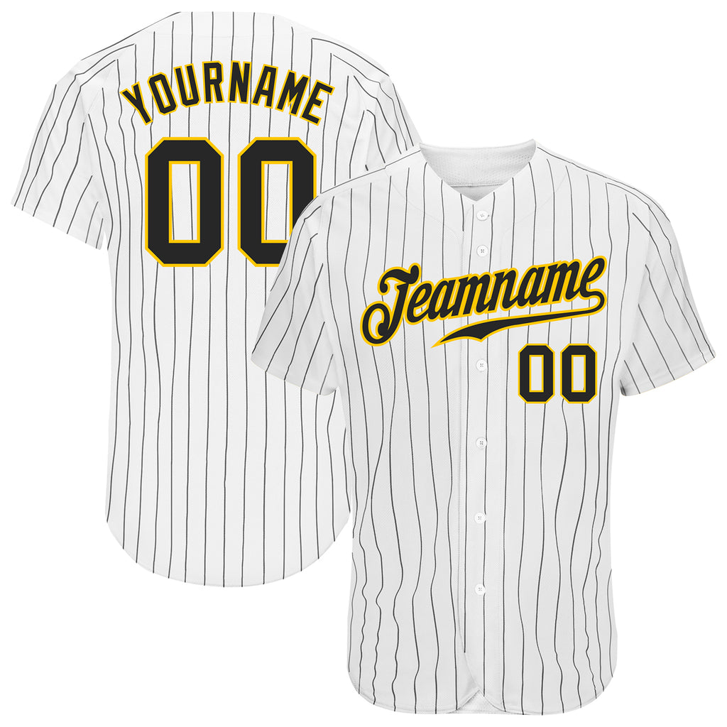 Custom White Black Pinstripe Black-Gold Authentic Baseball Jersey