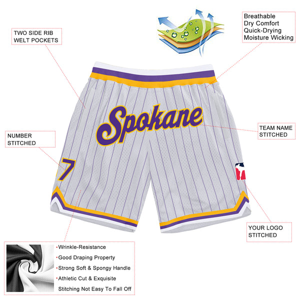 Custom White Purple Pinstripe Purple-Gold Authentic Basketball Shorts