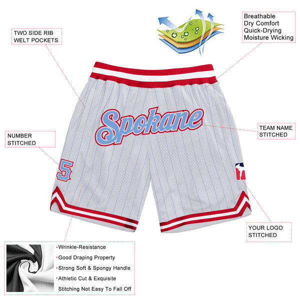 Custom White Light Blue Pinstripe Light Blue-Red Authentic Basketball Shorts