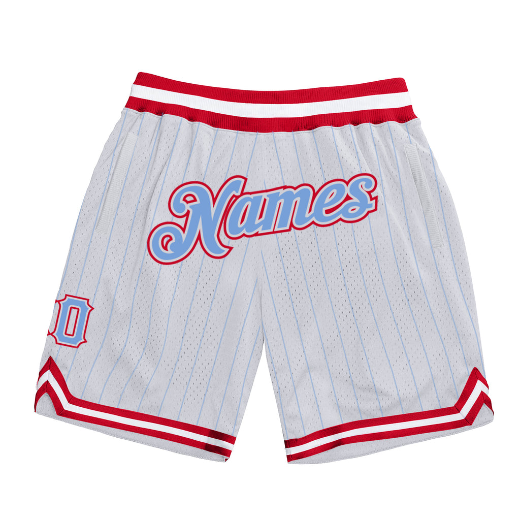 Custom White Light Blue Pinstripe Light Blue-Red Authentic Basketball Shorts