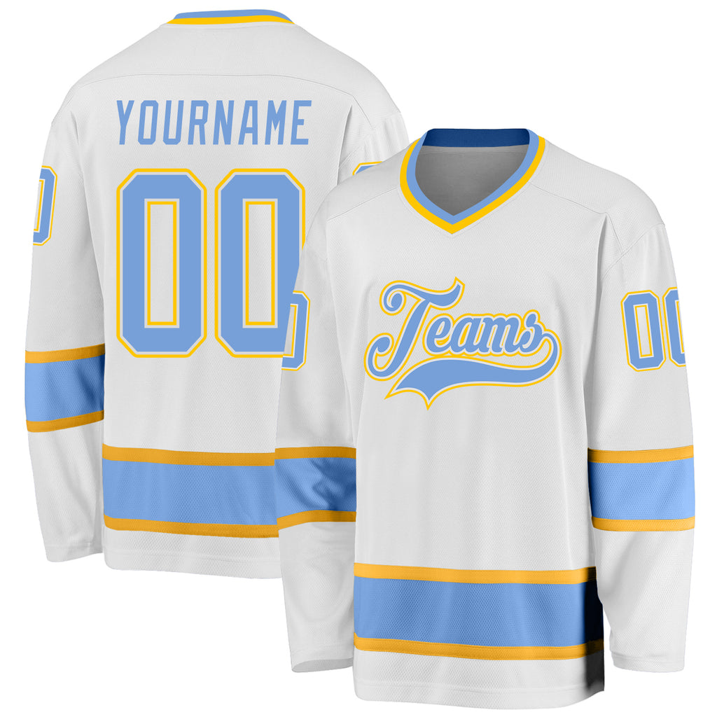 Custom White Light Blue-Gold Hockey Jersey