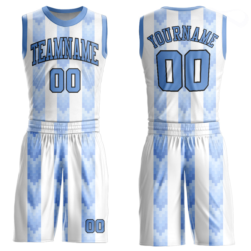 Custom White Light Blue-Black Round Neck Sublimation Basketball Suit Jersey