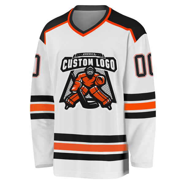 Custom White Black-Orange Hockey Jersey