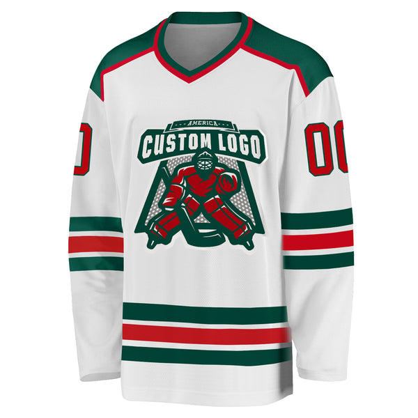 Custom White Red-Green Hockey Jersey