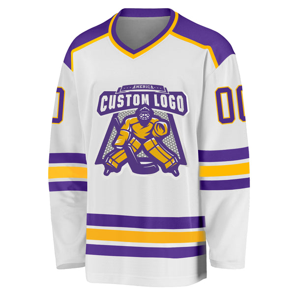 Custom White Purple-Gold Hockey Jersey