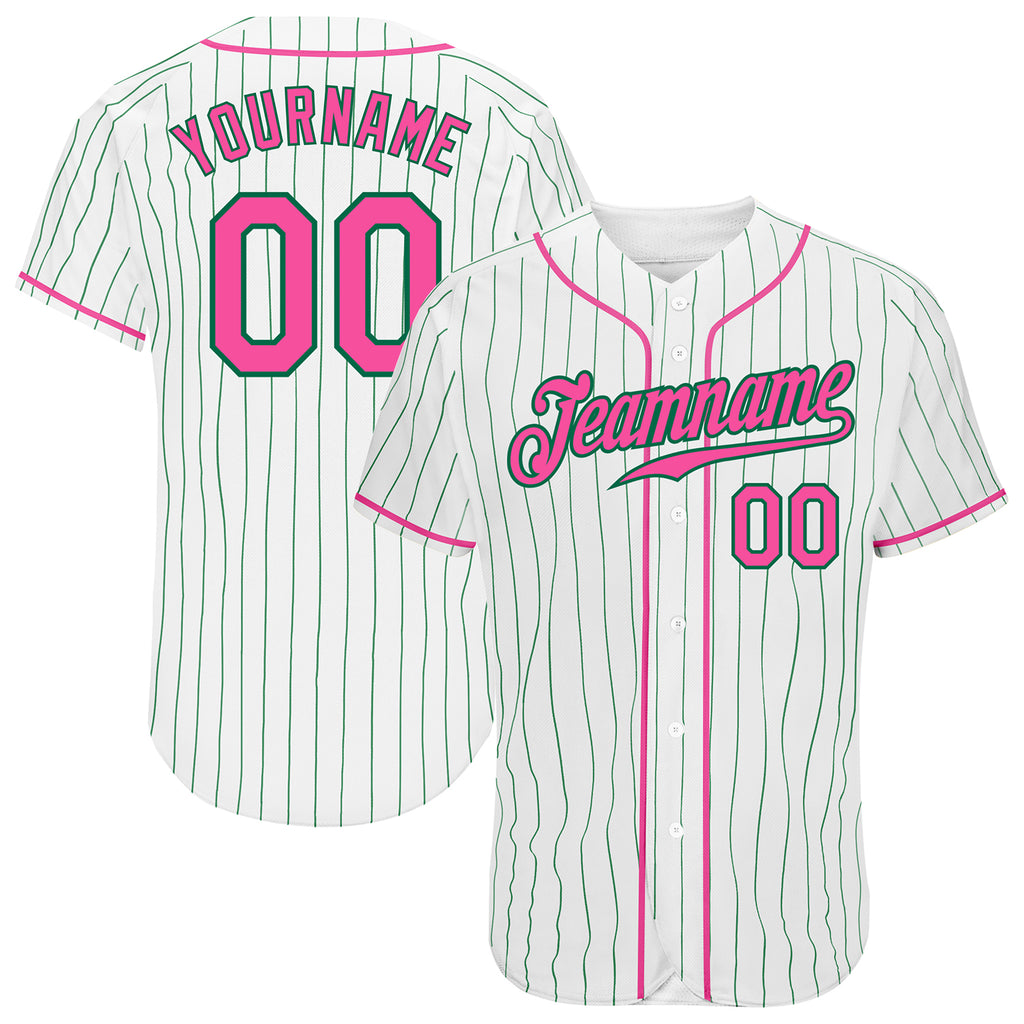 Custom White Kelly Green Pinstripe Pink-Kelly Green Authentic Baseball Jersey