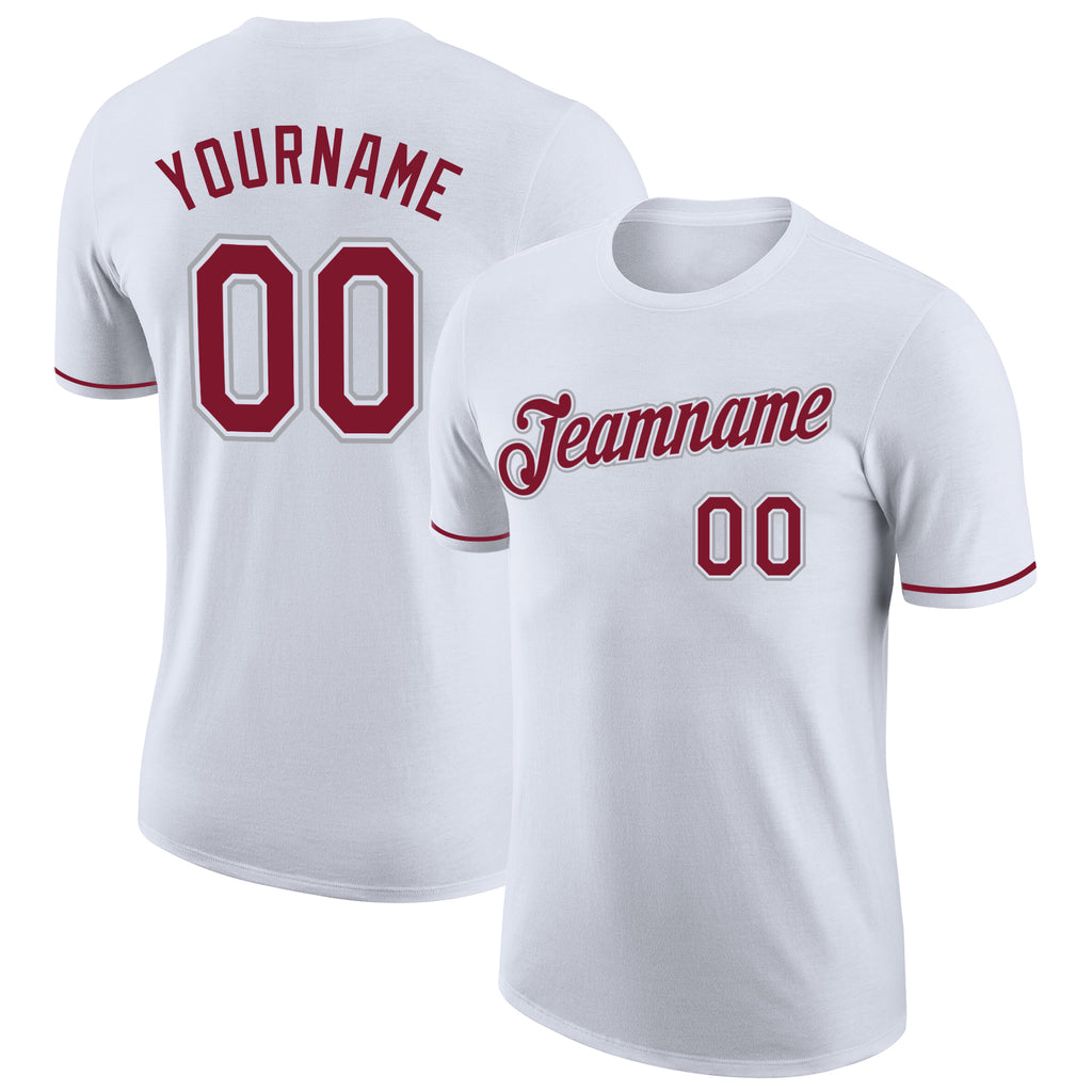 Custom White Crimson-Gray Performance T-Shirt