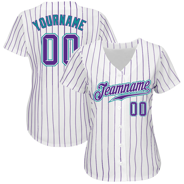 Custom White Purple Pinstripe Purple-Teal Authentic Baseball Jersey