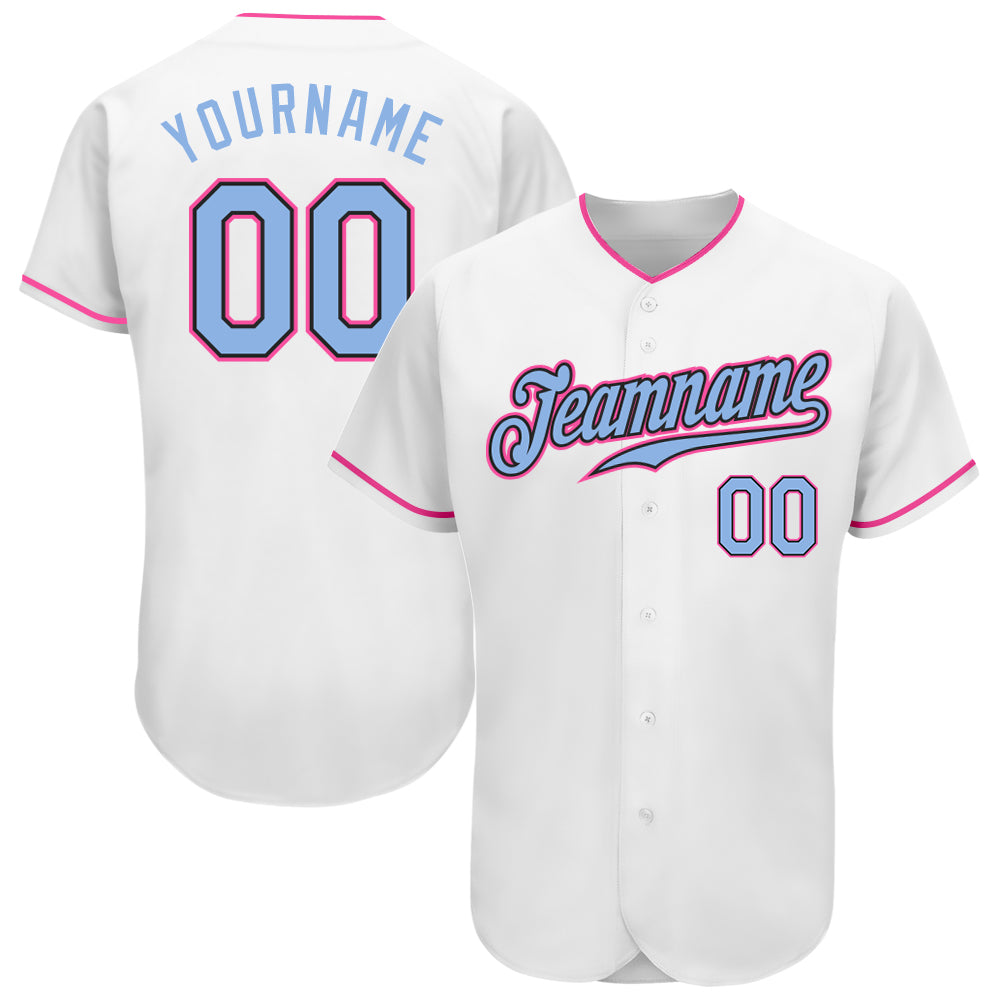 Custom White Light Blue Black-Pink Authentic Baseball Jersey