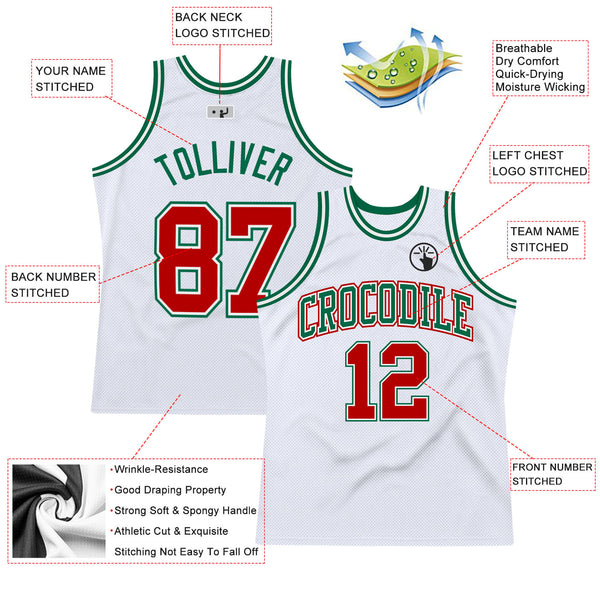 Custom White Red-Kelly Green Authentic Throwback Basketball Jersey