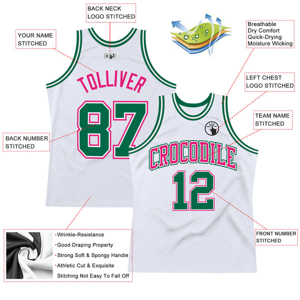 Custom White Kelly Green-Hot Pink Authentic Throwback Basketball Jersey
