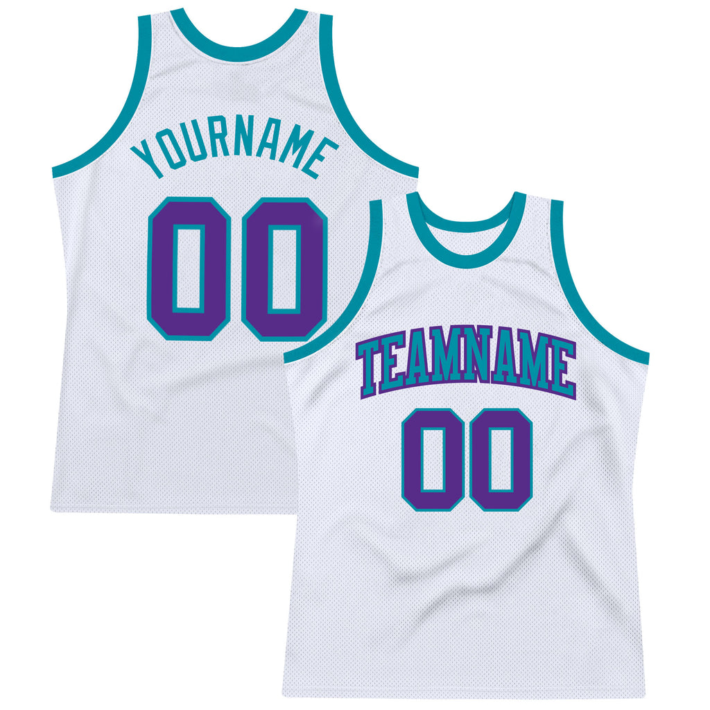 Custom White Purple-Teal Authentic Throwback Basketball Jersey