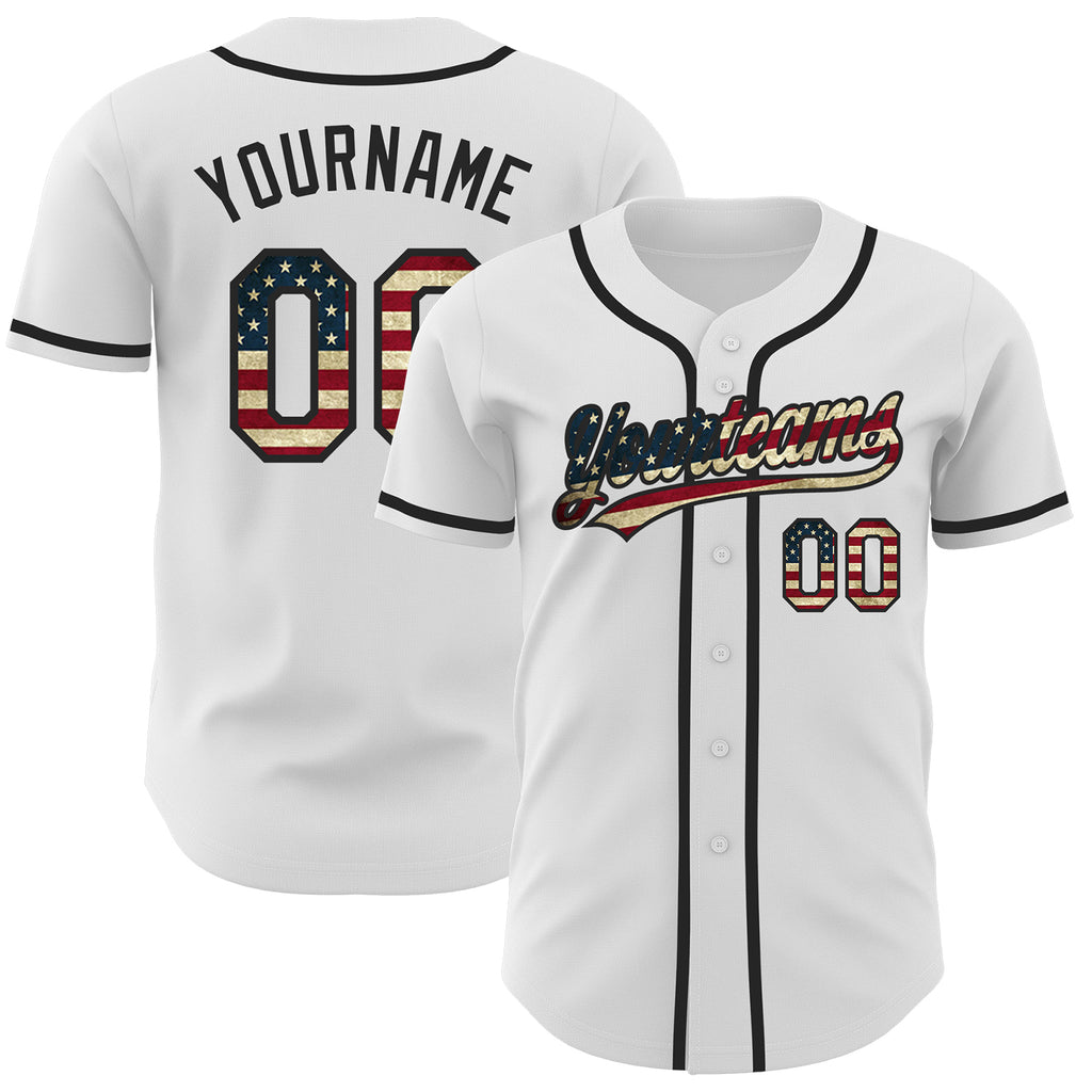 Custom White Vintage USA Flag-Black Authentic Baseball Jersey