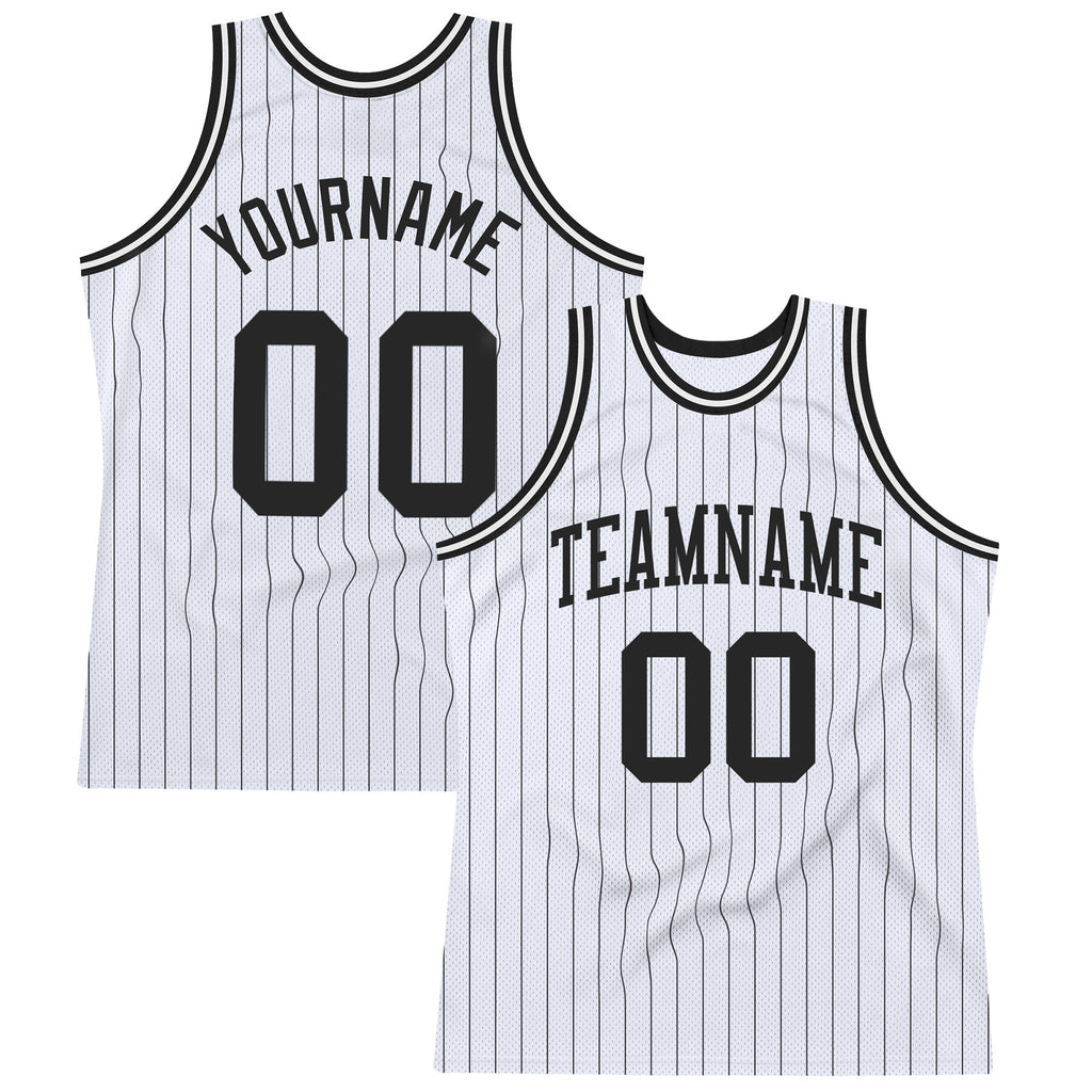 Custom White Black Pinstripe Black Authentic Basketball Jersey