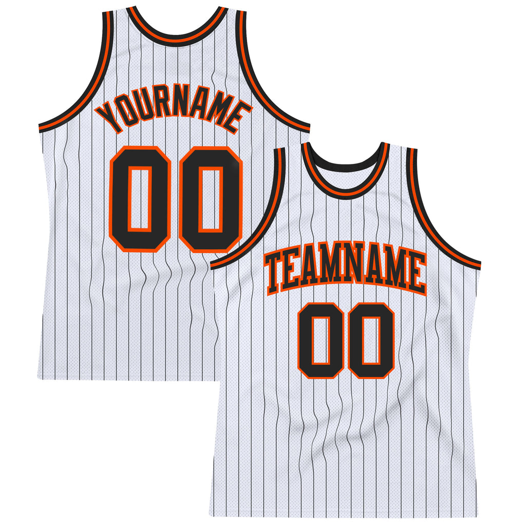 Custom White Black Pinstripe Black-Orange Authentic Basketball Jersey