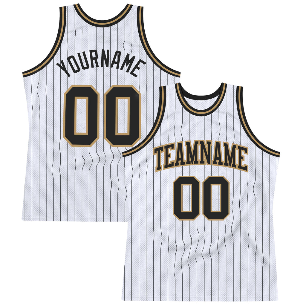 Custom White Black Pinstripe Black-Old Gold Authentic Basketball Jersey